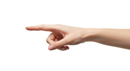 Close-up photorealistic female hand, mid-motion, index extends, subtle veins, soft white light. Isolated on transparent background, png