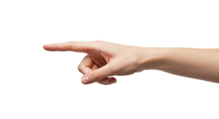 Close-up photorealistic female hand, mid-motion, index extends, subtle veins, soft white light. Isolated on transparent background, png