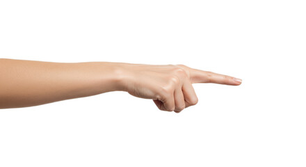 Photorealistic female hand, assertive outward index point, soft minimalist texture, uniform studio light, naturally curved form. Isolated on transparent background, png