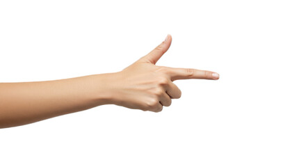 Female hand pointing index right, pristine, softly illuminated skin, centered minimal composition. Isolated on transparent background, png