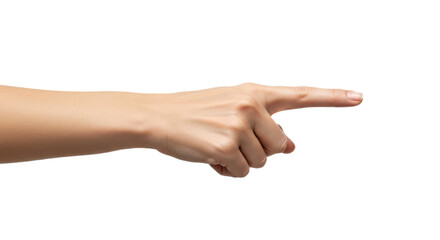 Photorealistic female hand, index firmly pointed mid-air, fingers tucked, every detail softly rendered, high-key white. Isolated on transparent background, png