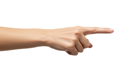 Photorealistic female hand, index firmly pointed mid-air, fingers tucked, every detail softly rendered, high-key white. Isolated on transparent background, png