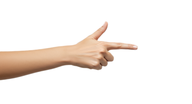 Female hand pointing index right, pristine, softly illuminated skin, centered minimal composition. Isolated on transparent background, png