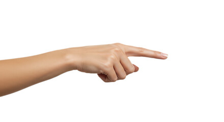 Photorealistic female hand, precisely centered and pointing index finger right to left, slender, manicured, matte skin, crisp white. Isolated on transparent background, png
