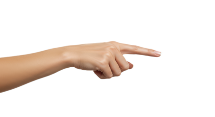 Photorealistic female hand, precisely centered and pointing index finger right to left, slender, manicured, matte skin, crisp white. Isolated on transparent background, png