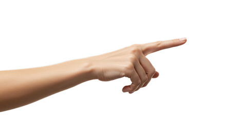 Realistic female hand, wrist bent, index points, natural anatomical lines, bright balanced studio look. Isolated on transparent background, png