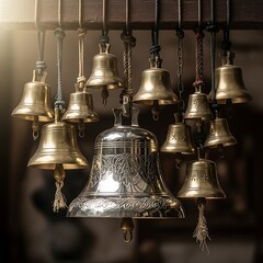 Collection of Brass Bells Hanging in a Temple.