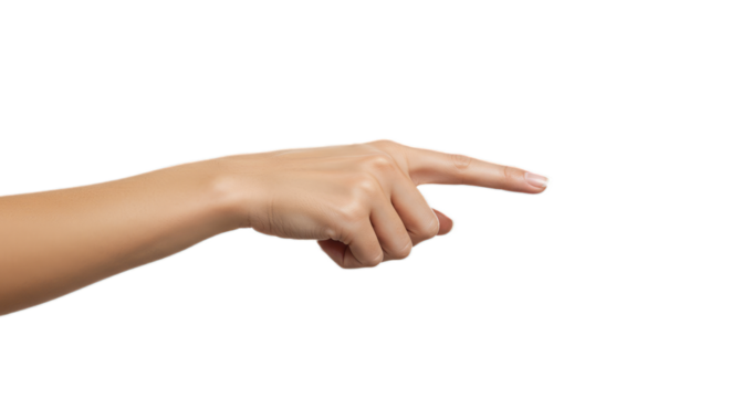 Photorealistic female hand, precisely centered and pointing index finger right to left, slender, manicured, matte skin, crisp white. Isolated on transparent background, png