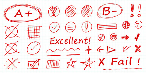 Collection of red hand drawn school grading marks and symbols on a grid paper background © Bivuti