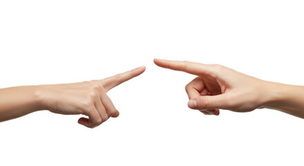 Female hand close-up, index points and lightly touches surface, press captured, high-res creamy skin. Isolated on transparent background, png