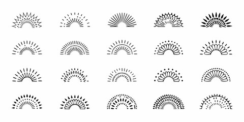 Collection of diverse hand drawn sunburst and semi circle decorative elements in black ink on white background