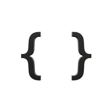 Pair of 3D Black Curly Braces or Brackets Symbol ($\{$ and $\}$) Representing Code, Programming, and Data Structure on a White Background