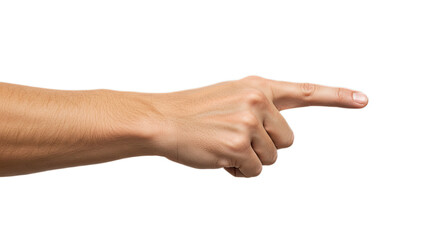 Photorealistic composition, man's hand assertively pointing left, thumb lifted, curl detail. Isolated on transparent background, png
