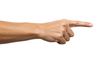 Photorealistic composition, man's hand assertively pointing left, thumb lifted, curl detail. Isolated on transparent background, png