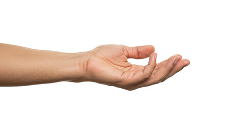 Photorealistic man's hand, index pointing assertively left, thumb up, vivid realism. Isolated on transparent background, png