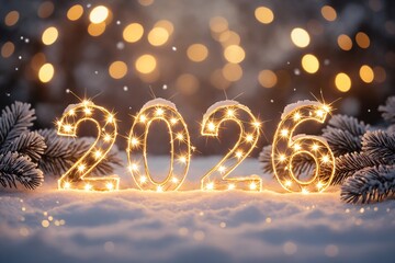 Happy New Year 2026 Sparkling Lights and Snow Winter Celebration Background.