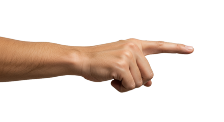 Photorealistic man's hand beckoning, index curling inward, lifelike veins, fingerprints. Isolated on transparent background, png