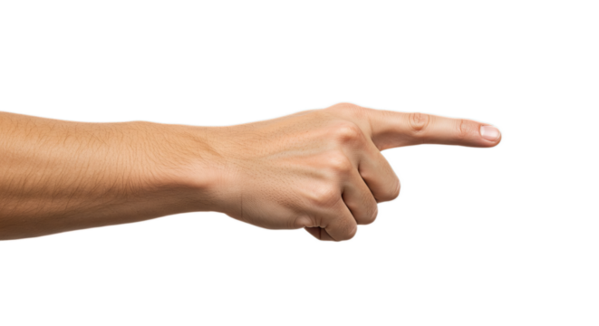 Photorealistic composition, man's hand assertively pointing left, thumb lifted, curl detail. Isolated on transparent background, png