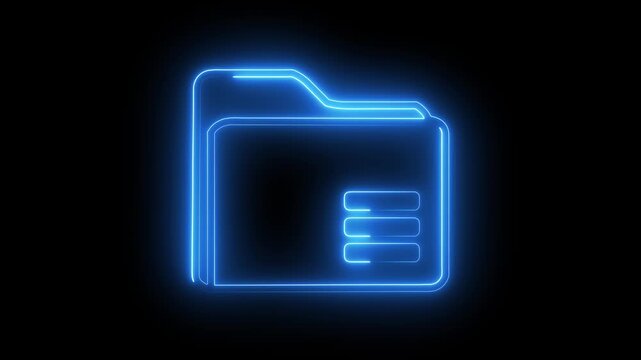 Glowing blue neon outline of a folder icon with horizontal lines on a black background 