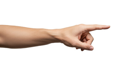 Photorealistic hand hesitantly reaching to touch, index hovering above, central white field. Isolated on transparent background, png