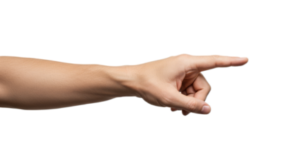 Photorealistic hand hesitantly reaching to touch, index hovering above, central white field. Isolated on transparent background, png