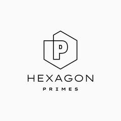 letter P mark hexagon hexagonal outline line logo vector icon illustration