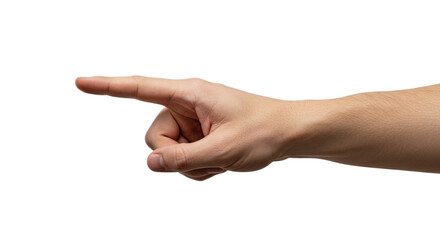 Photorealistic man's hand, palm upturned, index finger inviting left, minimal with white background. Isolated on transparent background, png