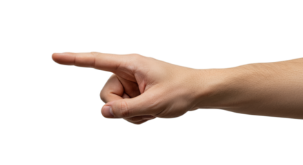 Photorealistic man's hand, palm upturned, index finger inviting left, minimal with white background. Isolated on transparent background, png