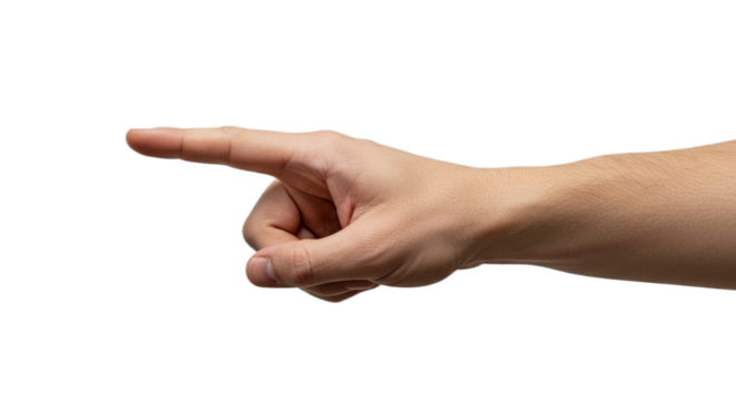 Photorealistic man's hand, palm upturned, index finger inviting left, minimal with white background. Isolated on transparent background, png