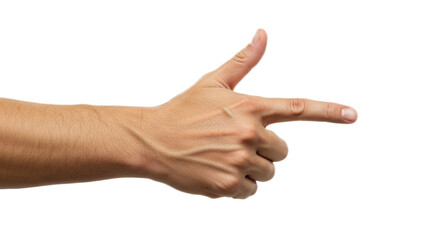 Photorealistic focus, man's hand mid-motion, outstretched and relaxed, index leftward, flawless light. Isolated on transparent background, png
