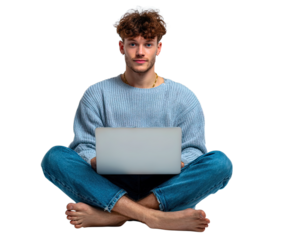 Transparent Png of a Young Man, Sitting Cross legged with a Laptop, Dressed in a Blue Sweater and Jeans, Looking at the Camera, Modern Lifestyle