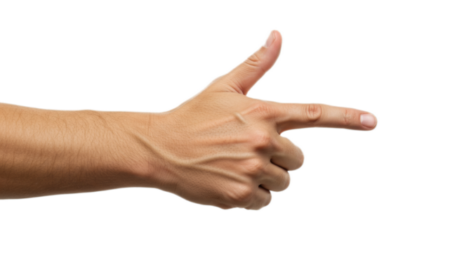 Photorealistic focus, man's hand mid-motion, outstretched and relaxed, index leftward, flawless light. Isolated on transparent background, png