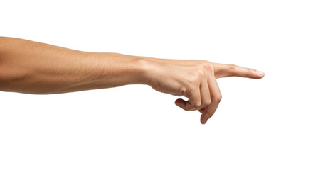 Photorealistic man's hand with index finger left, flexed thumb, gently arched pose. Isolated on transparent background, png