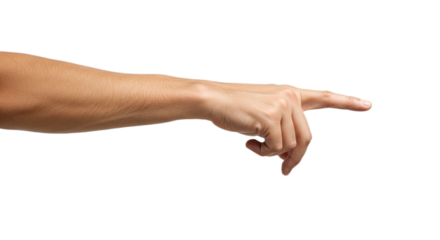 Photorealistic man's hand with index finger left, flexed thumb, gently arched pose. Isolated on transparent background, png