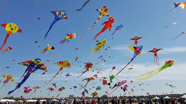 Colorful Kites Soaring High in a Bright Blue Sky at a Festive Outdoor Event.
