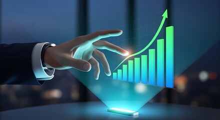 Digital Business Growth Visualization Businessperson's Hand Interacting with Holographic Chart Projected from Mobile Device Modern Technology Financial Data Analysis Conceptual