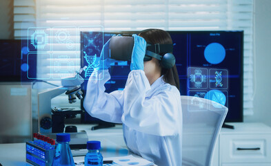 An Asian female scientist in a modern laboratory uses a VR headset to interact with 3D holographic data, integrating microscopy, chemical analysis,computational biotechnology for advanced immersive