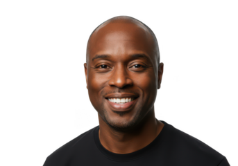 Close-up portrait of a smiling bald black man wearing a black t-shirt studio shot transparent background