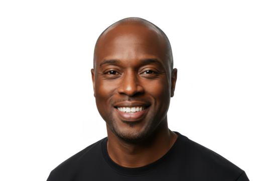 Close-up portrait of a smiling bald black man wearing a black t-shirt studio shot transparent background