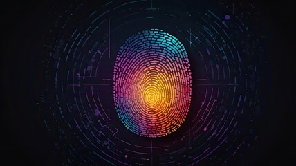 Vibrant digital fingerprint glows with futuristic data streams, symbolizing unique identity and advanced security in a modern technological landscape