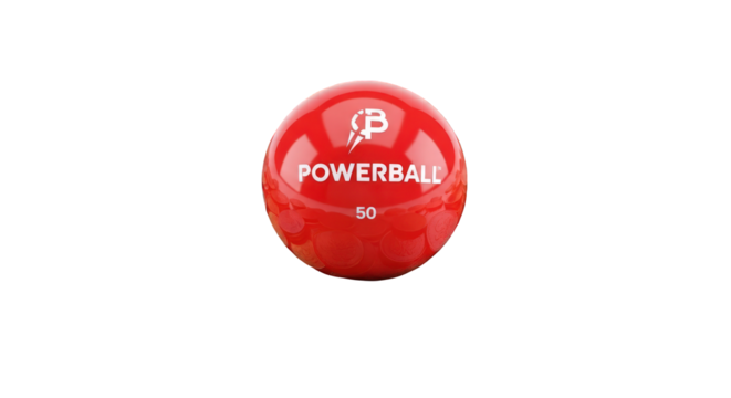 A single red Powerball with the number 50 printed on it.