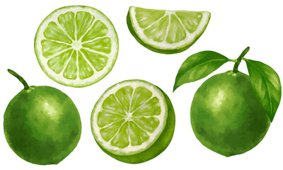 Simple watercolor lime illustration set with different limes cut and whole lime with leaves. Citrus fruit clip art isolated on white background.