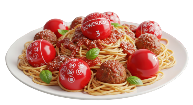 A plate of spaghetti and meatballs is decorated with red lottery balls, some featuring numbers and symbols.
