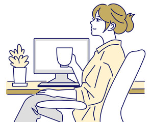 在宅ワークの合間に休憩する女性　ai