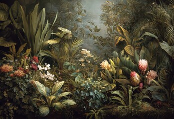 Lush tropical foliage green leaves exotic flowers vibrant plant shapes natural jungle scene sunlight filtering serene atmosphere botanical diversity dense vegetation peaceful mood
