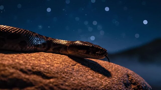 black headed python snake - A close-up view of a snake perched on a rock under a starry night sky, showcasing its scales shimmering in the moonlight and the serene atmosphere around it