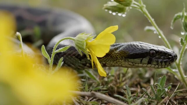 black headed python snake - A close-up view of a snake poised near vibrant yellow flowers, showcasing the contrast between the snake's sleek scales and the delicate petals, with dew glistening