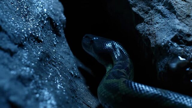 black headed python snake - A close-up view of a snake gliding through rocky terrain, its scales reflecting the dim light, creating a mysterious and intriguing atmosphere in its habitat