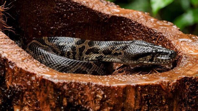 black headed python snake - A close-up of a resting snake coiled within a hollowed wooden log, surrounded by vibrant green foliage, droplets of water glistening on its sleek, scaly body