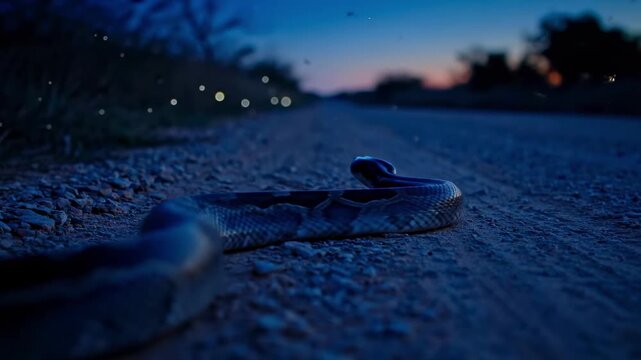 black headed python snake - A close-up view of a snake resting on a gravel road at dusk, with soft glowing fireflies hovering nearby, surrounded by a tranquil, fading twilight landscape